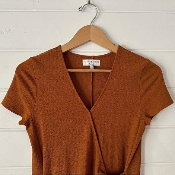 Madewell Texture & Thread Short Sleeve Side Tie Faux Wrap Mustard Dress Sz XS - Picture 2 of 7